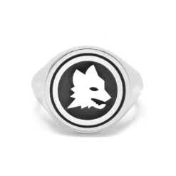 AS Roma Gioielli<Anello Chevalier Sigillo tondo Lupa X Nove25, Unisex, Argento Brunito