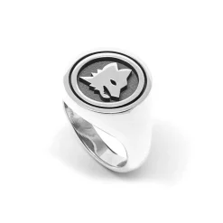 AS Roma Gioielli<Anello Chevalier Sigillo tondo Lupa X Nove25, Unisex, Argento Brunito