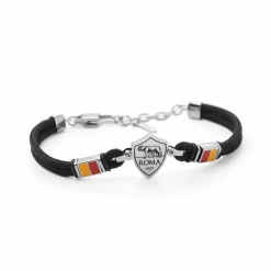 AS Roma Gioielli<Bracciale con placca centrale logo in acciaio anallergico e cordino in tessuto regolabile nero