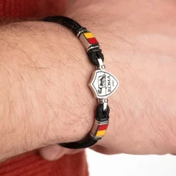 AS Roma Gioielli<Bracciale con placca centrale logo in acciaio anallergico e cordino in tessuto regolabile nero