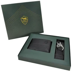 AS Roma Portafogli|Portachiavi<Set Regalo Portafoglio e Portachiavi in Pelle ASR, Nero